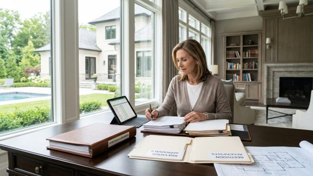 A woman sits at a large dark wood desk in a sunlit, elegant study. She is focused on a large open binder and writing with a pen. Nearby are file folders, a tablet propped up with a spreadsheet, and architectural blueprints spread out. In the background, floor-to-ceiling windows reveal a garden and swimming pool, next to a classic fireplace and bookshelves.