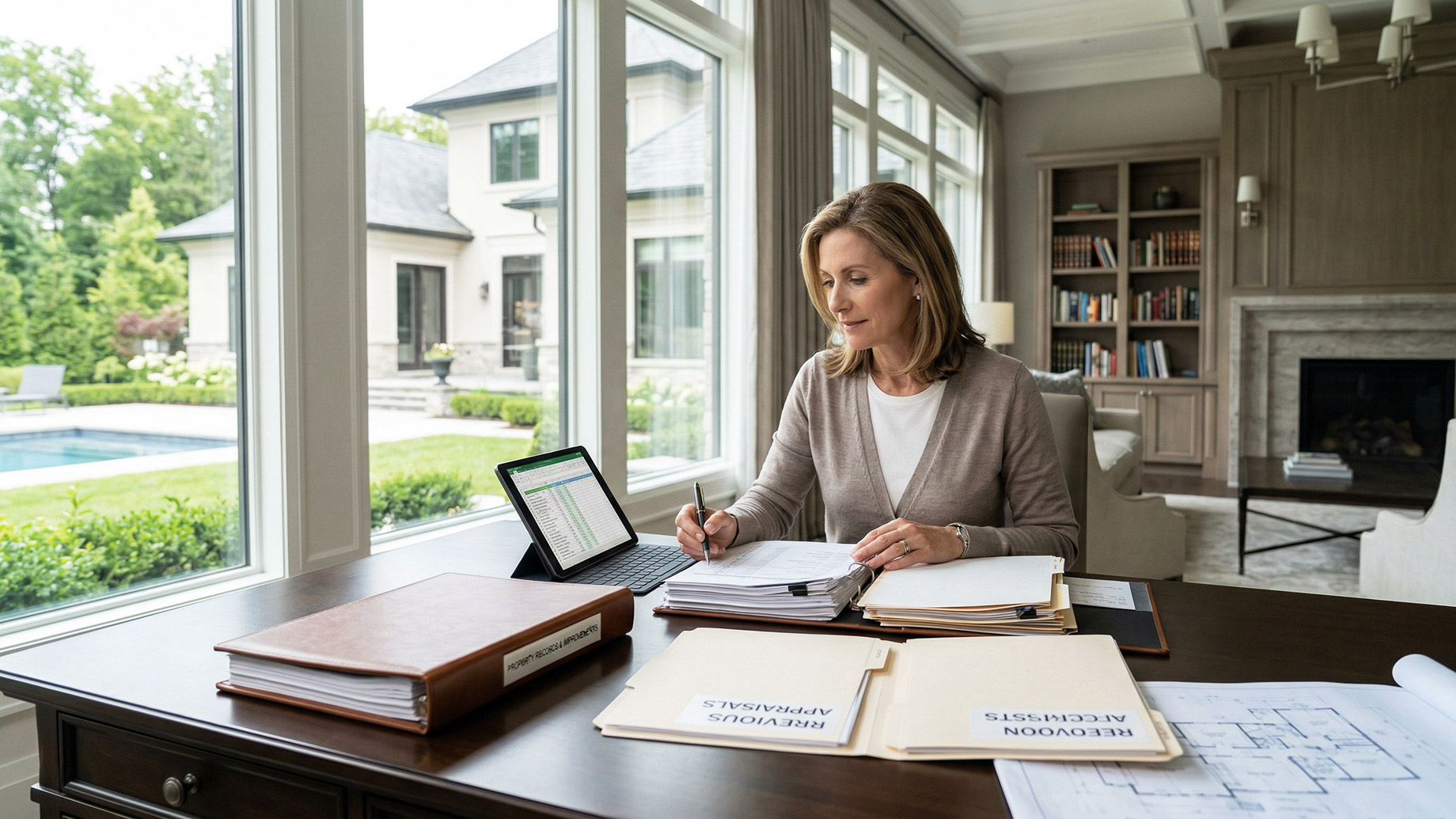 A woman sits at a large dark wood desk in a sunlit, elegant study. She is focused on a large open binder and writing with a pen. Nearby are file folders, a tablet propped up with a spreadsheet, and architectural blueprints spread out. In the background, floor-to-ceiling windows reveal a garden and swimming pool, next to a classic fireplace and bookshelves.