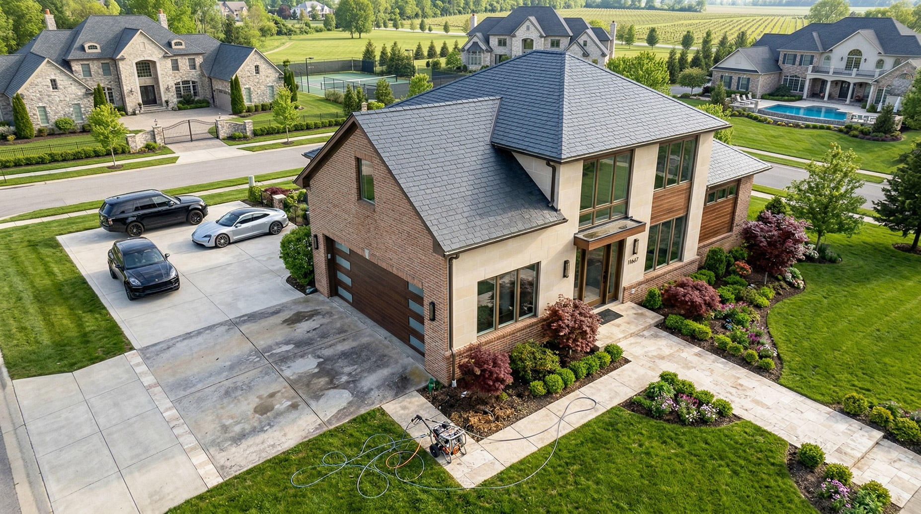 An aerial view of a large, modern luxury home with a noticeably stained and discolored concrete driveway. A power washing machine sits on the vibrant green front lawn, highlighting the need for exterior cleaning in an otherwise pristine, high-end neighborhood.