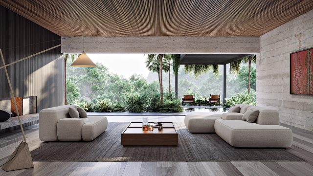 Minimalist living room with low modular sofas, wood-slat ceiling, and a wide opening to a covered terrace overlooking dense green forest.
