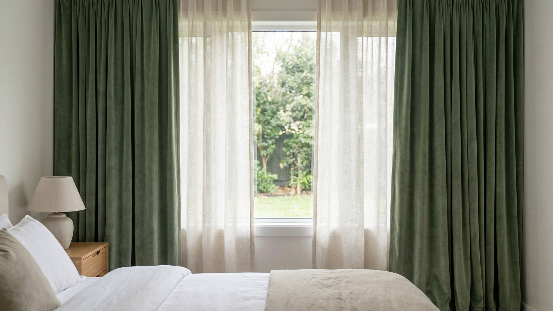 A bedroom window dressed with heavy sage green velvet curtains layered over sheer white drapes. Sunlight filters through the sheers from a green yard outside. A smartly made bed with white linens and a beige throw sits in the foreground, next to a wooden nightstand and a ceramic lamp.
