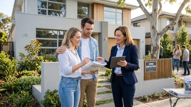 A young couple stands on a sidewalk outside a modern residential home during an open inspection, smiling as they review property documents with a professionally dressed female buyer's agent holding a tablet.