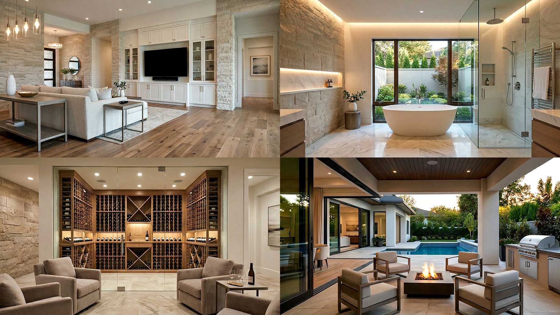A four-panel display showcasing the interior and exterior features of a modern, luxury home. Top-left: A grand living room and entertainment area. Top-right: A spa-like master bathroom with a tub and garden view. Bottom-left: A custom wine cellar and tasting lounge. Bottom-right: A modern outdoor patio with a pool and fire pit.