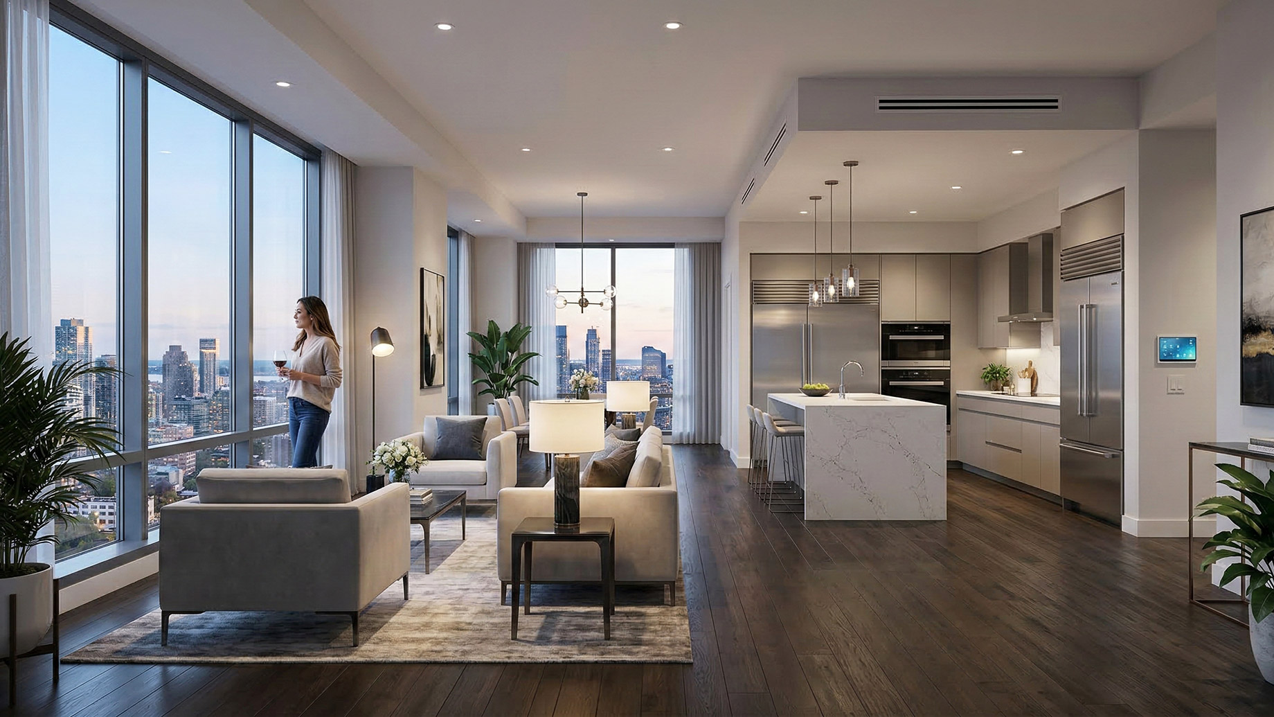 A modern, open-plan luxury apartment with dark wood floors and contemporary furniture. A woman stands by a floor-to-ceiling window holding a glass of wine, looking out at a panoramic city skyline at dusk.