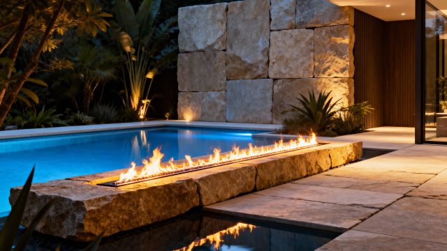 Modern backyard with swimming pool, linear fire feature, and stacked natural stone wall lighting at dusk creating a luxury outdoor living space.