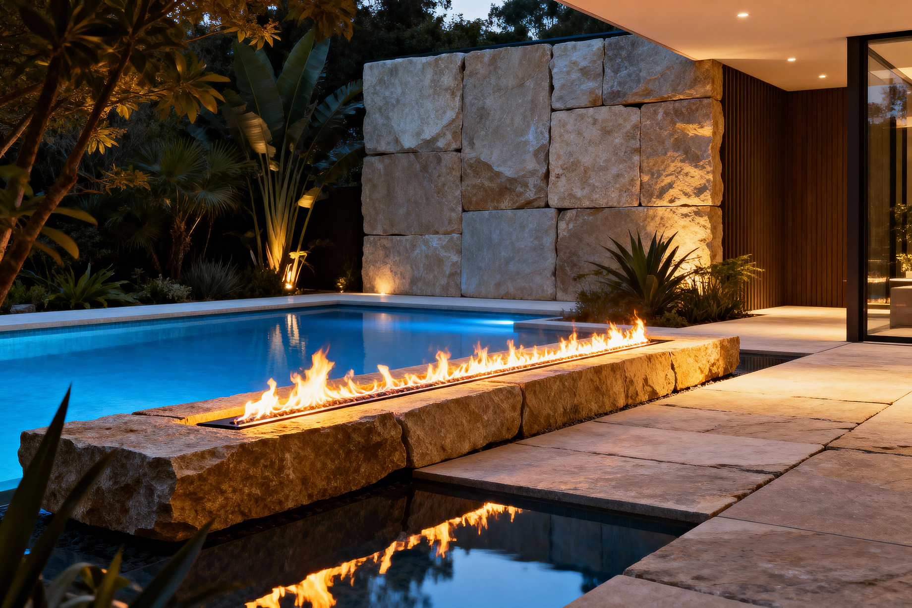 Modern backyard with swimming pool, linear fire feature, and stacked natural stone wall lighting at dusk creating a luxury outdoor living space.