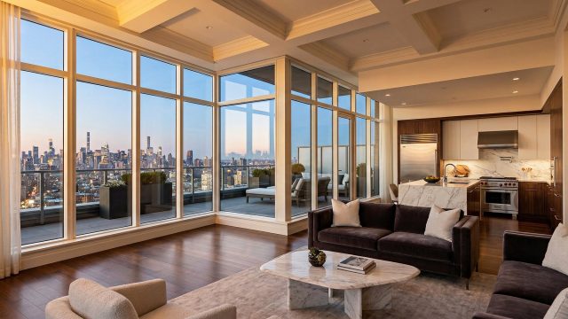 A modern penthouse interior with floor-to-ceiling windows, a velvet sofa, and a gourmet kitchen, overlooking a city skyline at sunset.
