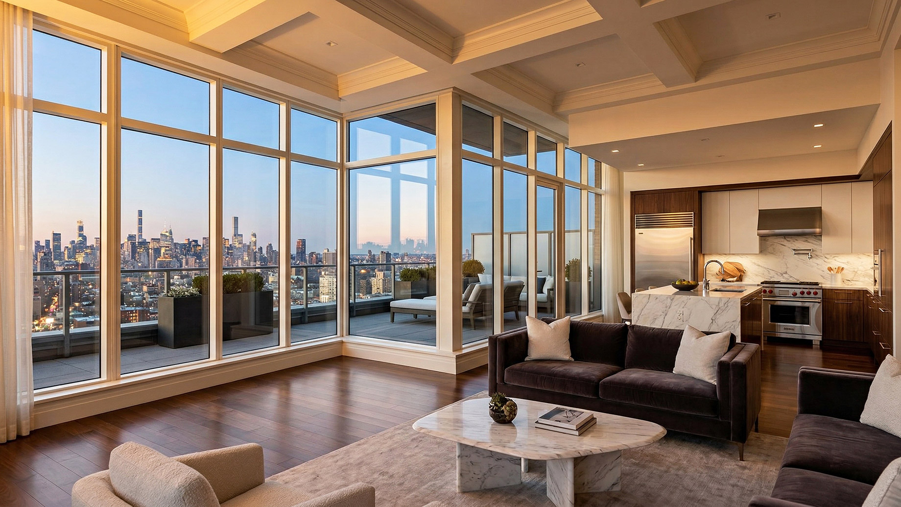 A modern penthouse interior with floor-to-ceiling windows, a velvet sofa, and a gourmet kitchen, overlooking a city skyline at sunset.
