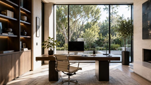 Refined luxury home office with integrated technology, custom cabinetry, natural materials, and floor-to-ceiling windows overlooking landscaped gardens.
