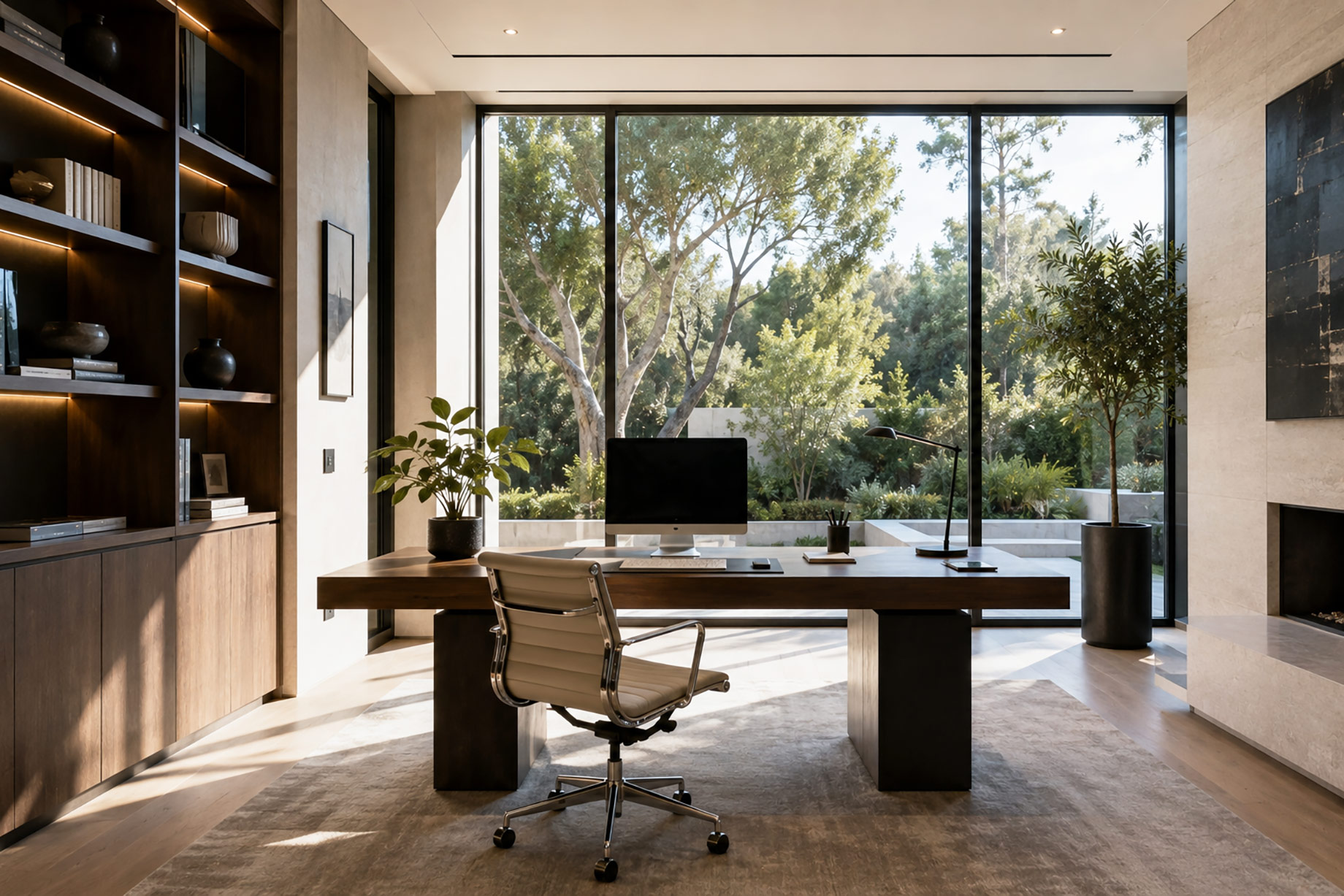 Refined luxury home office with integrated technology, custom cabinetry, natural materials, and floor-to-ceiling windows overlooking landscaped gardens.