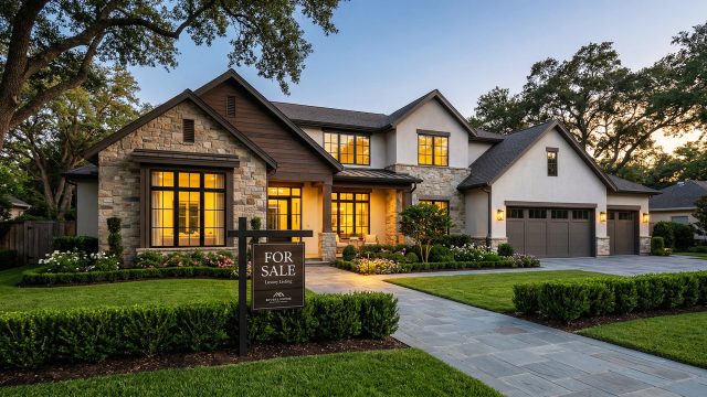 A luxurious two-story home with a stone and stucco exterior, glowing warmly at dusk, featuring a perfectly manicured lawn and a dark For Sale sign in the foreground.