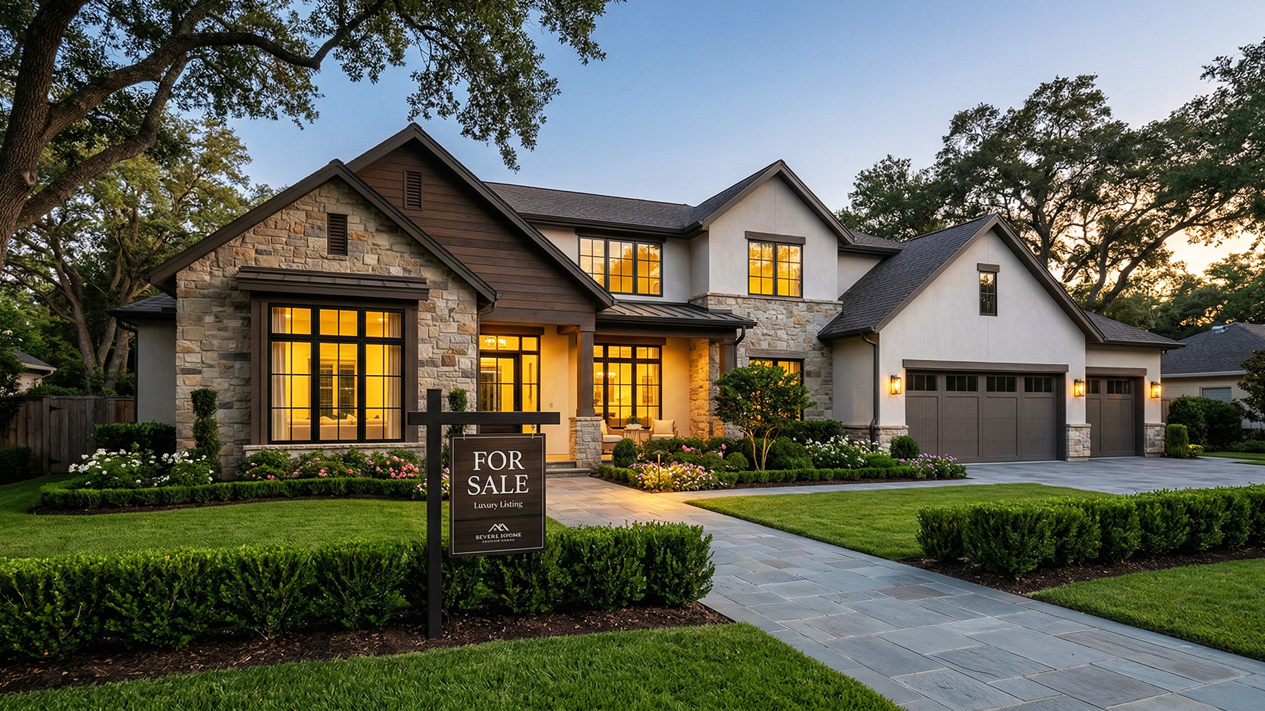 A luxurious two-story home with a stone and stucco exterior, glowing warmly at dusk, featuring a perfectly manicured lawn and a dark For Sale sign in the foreground.