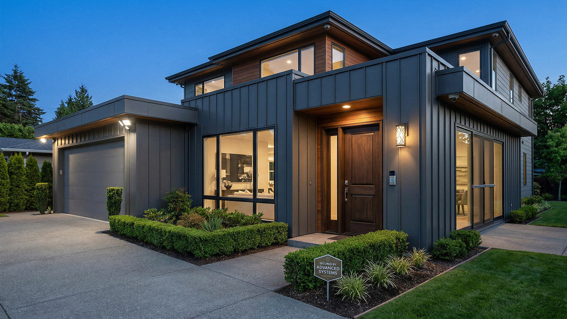 A modern luxury house at dusk featuring dark grey siding, warm wood accents, large floor-to-ceiling windows, and abundant exterior lighting. A small yard sign indicating home security is in the foreground landscaping.