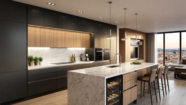 A spacious, modern Italian open-concept kitchen featuring dark matte cabinetry, warm wood accents, a white marble waterfall island with leather bar stools, and large windows overlooking a city skyline at sunset.