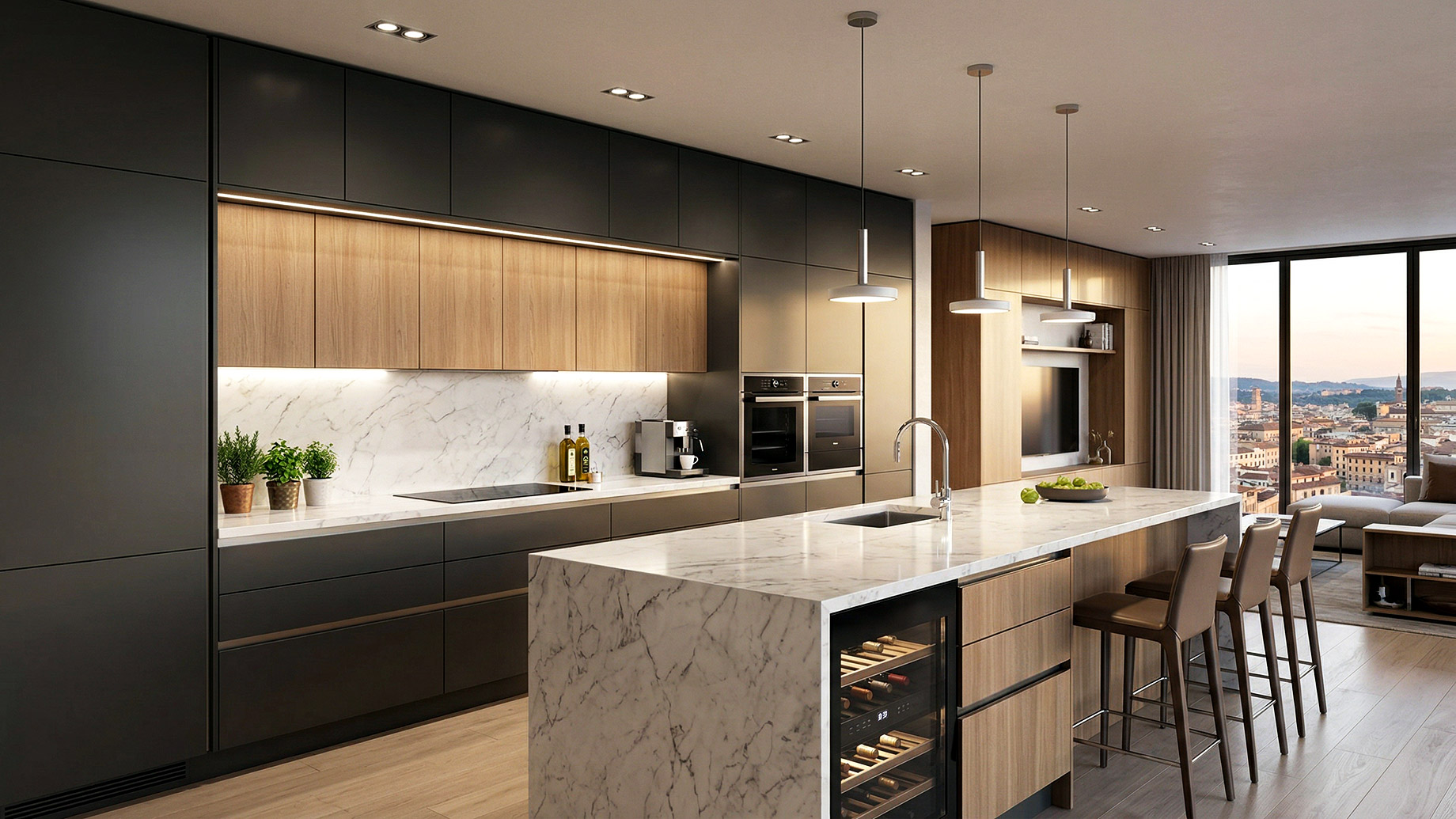 A spacious, modern Italian open-concept kitchen featuring dark matte cabinetry, warm wood accents, a white marble waterfall island with leather bar stools, and large windows overlooking a city skyline at sunset.