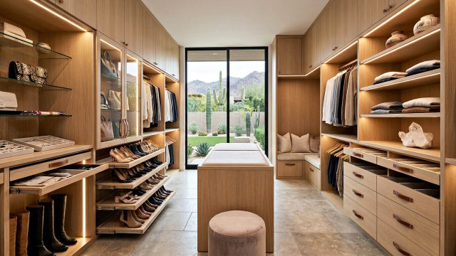 A luxurious walk-in closet with custom light wood cabinetry, integrated LED lighting, a central island, and a large glass door revealing a desert landscape with cacti and mountains.