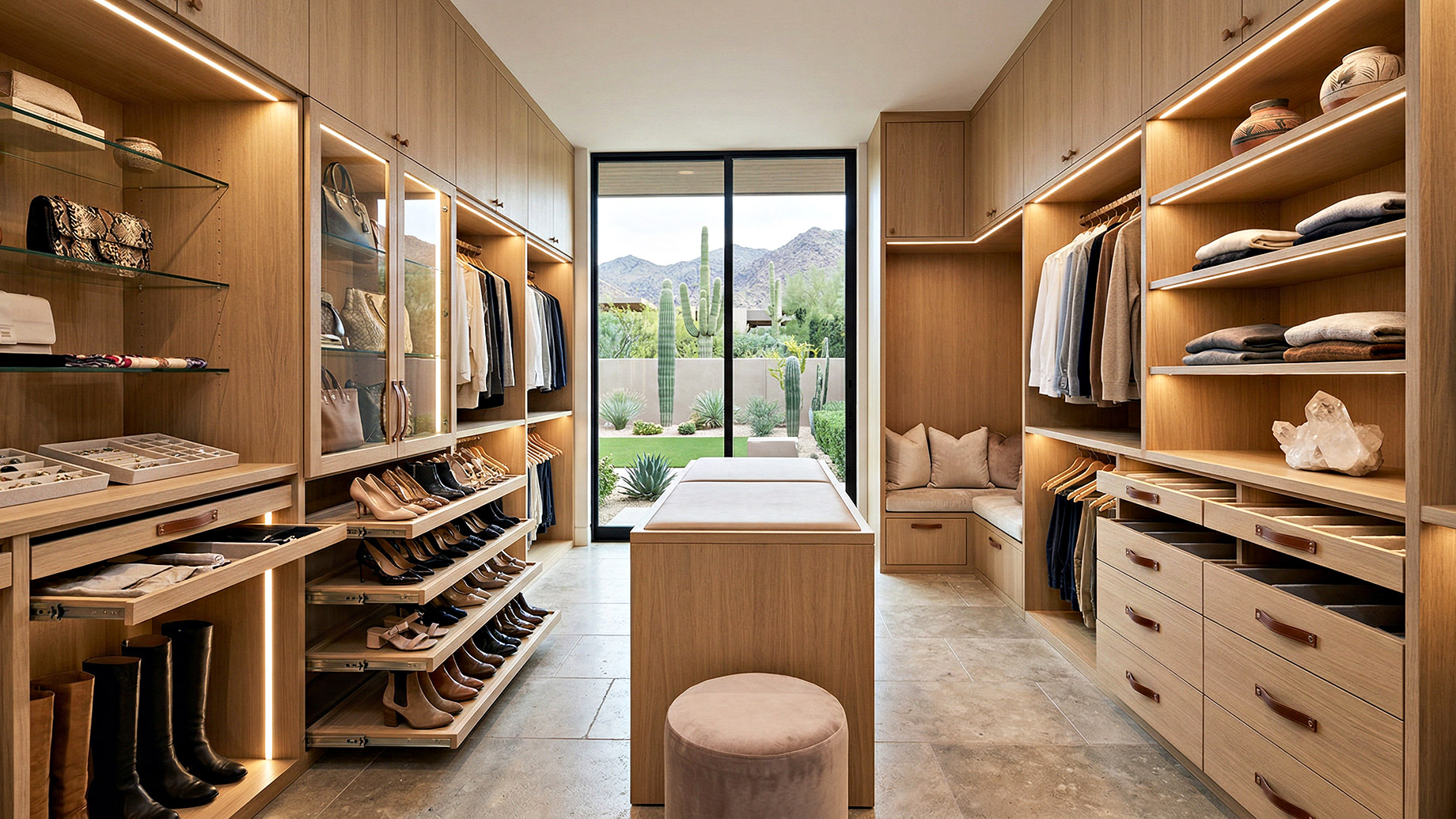A luxurious walk-in closet with custom light wood cabinetry, integrated LED lighting, a central island, and a large glass door revealing a desert landscape with cacti and mountains.