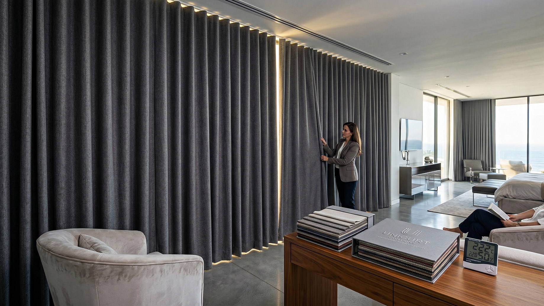 An interior designer in a modern luxury bedroom adjusts a wall of floor-to-ceiling dark grey blackout curtains, revealing intense sunlight behind the fabric. In the foreground, a wooden table holds stacked fabric sample books branded UNICURT CURTAINS alongside a digital room thermometer. A person relaxes on a chair in the background of the spacious, well-lit room.