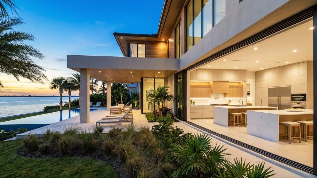 A modern luxury home at sunset featuring an expansive open-concept kitchen with sleek, light-toned cabinetry and large double islands. Fully retracted glass walls connect the bright interior directly to a covered patio, an infinity pool, and a calm waterway surrounded by palm trees.