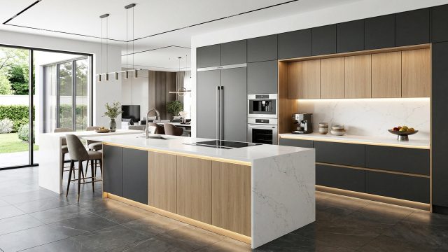 A spacious, modern luxury kitchen featuring sleek dark gray and light wood handleless cabinets, a large white marble waterfall island with integrated appliances, bar seating, warm LED under-cabinet lighting, and expansive windows looking out to a green garden.