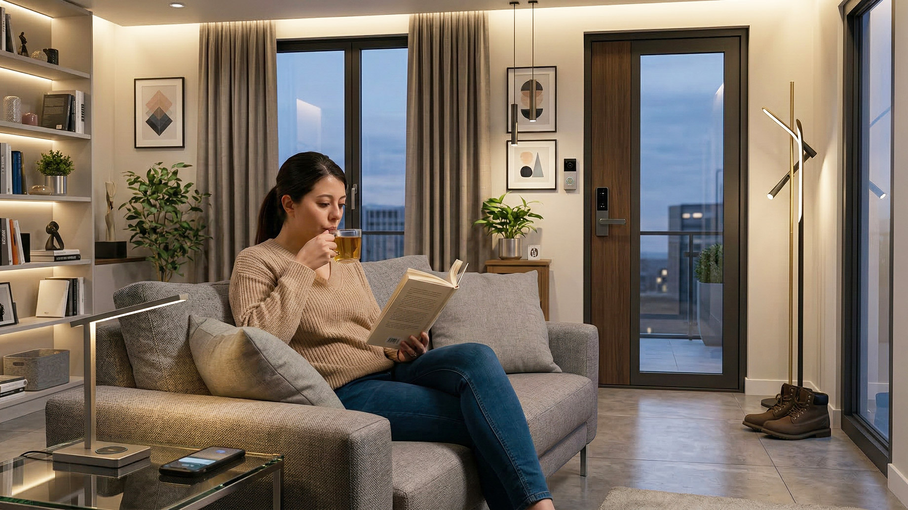 A woman sitting comfortably on a grey sofa in a modern, well-lit apartment, reading a book and drinking tea. In the background, the front door features a modern smart lock and a security camera panel. A pair of men's work boots sits by the door as a visual deterrent.