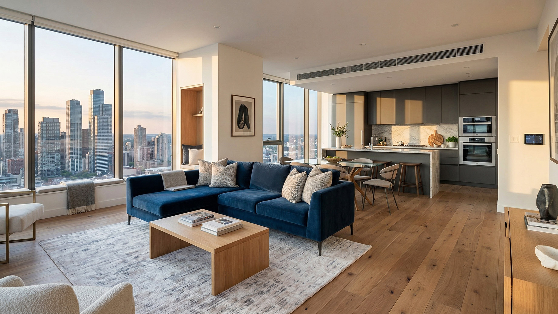 A bright, open-plan luxury apartment featuring a modern kitchen, a living area with a blue velvet sectional sofa, and floor-to-ceiling windows overlooking a city skyline.