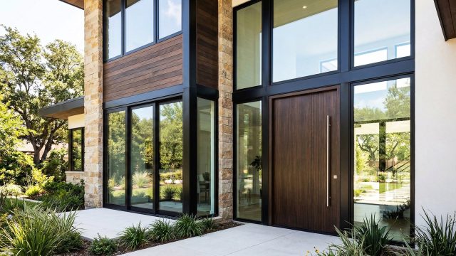 The exterior of a contemporary luxury home featuring expansive floor-to-ceiling windows with sleek black frames and a large, custom wood front door with a long, vertical metal handle. The glass panels reflect the surrounding trees and bright sky.