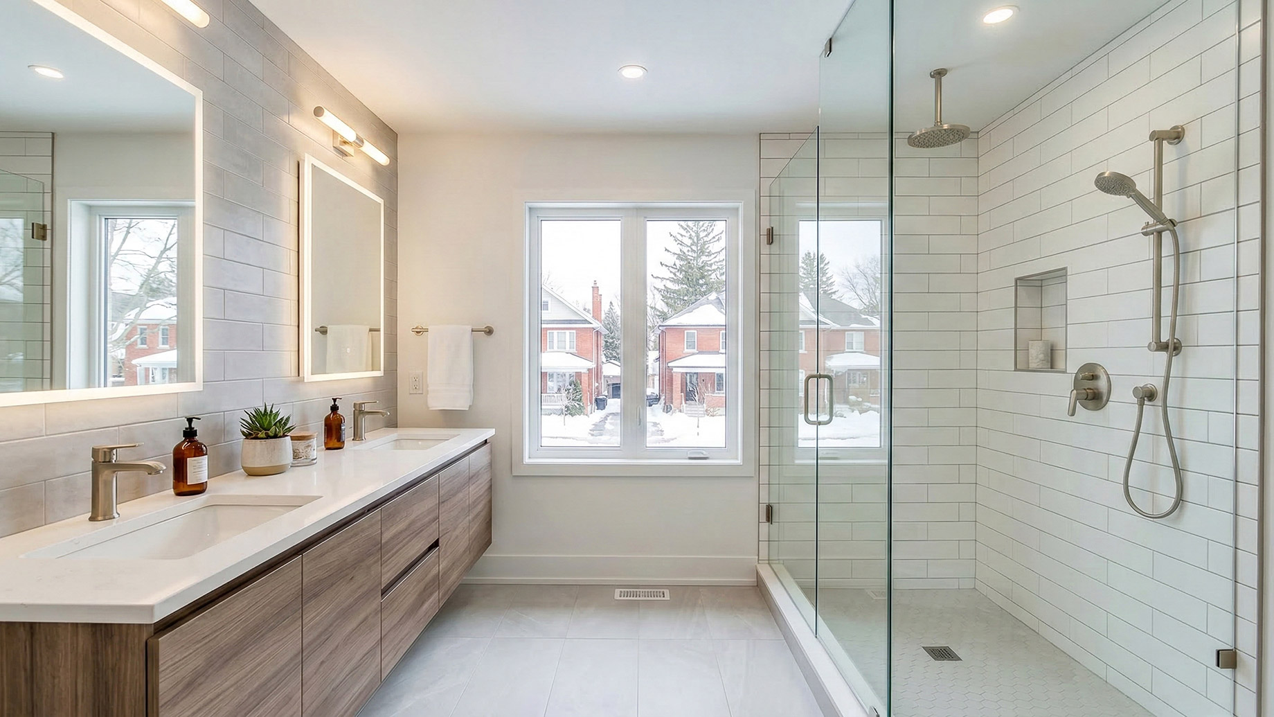 A wide-angle photograph of a contemporary master bathroom interior. On the left is a floating double-sink vanity with wood cabinetry and a marble top. Two large, backlit mirrors are above it, set against grey subway tile. In the center, a large window looks out onto a snowy suburban street. On the right is a frame-less glass-enclosed walk-in shower with a rain shower head, handheld sprayer, and white tiled walls. The floor is covered in large grey tiles.