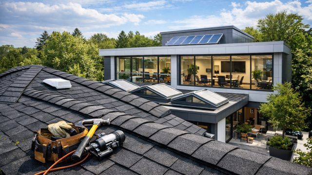 Newly installed dark shingle roof with roofing tools in the foreground beside a modern office building featuring skylights, solar panels, and visible office interiors.