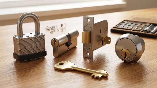 A single brass key resting on a wooden workbench in front of four different types of locks—a padlock, a euro cylinder, a mortice lock, and a deadbolt—illustrating how a keyed-alike system works.