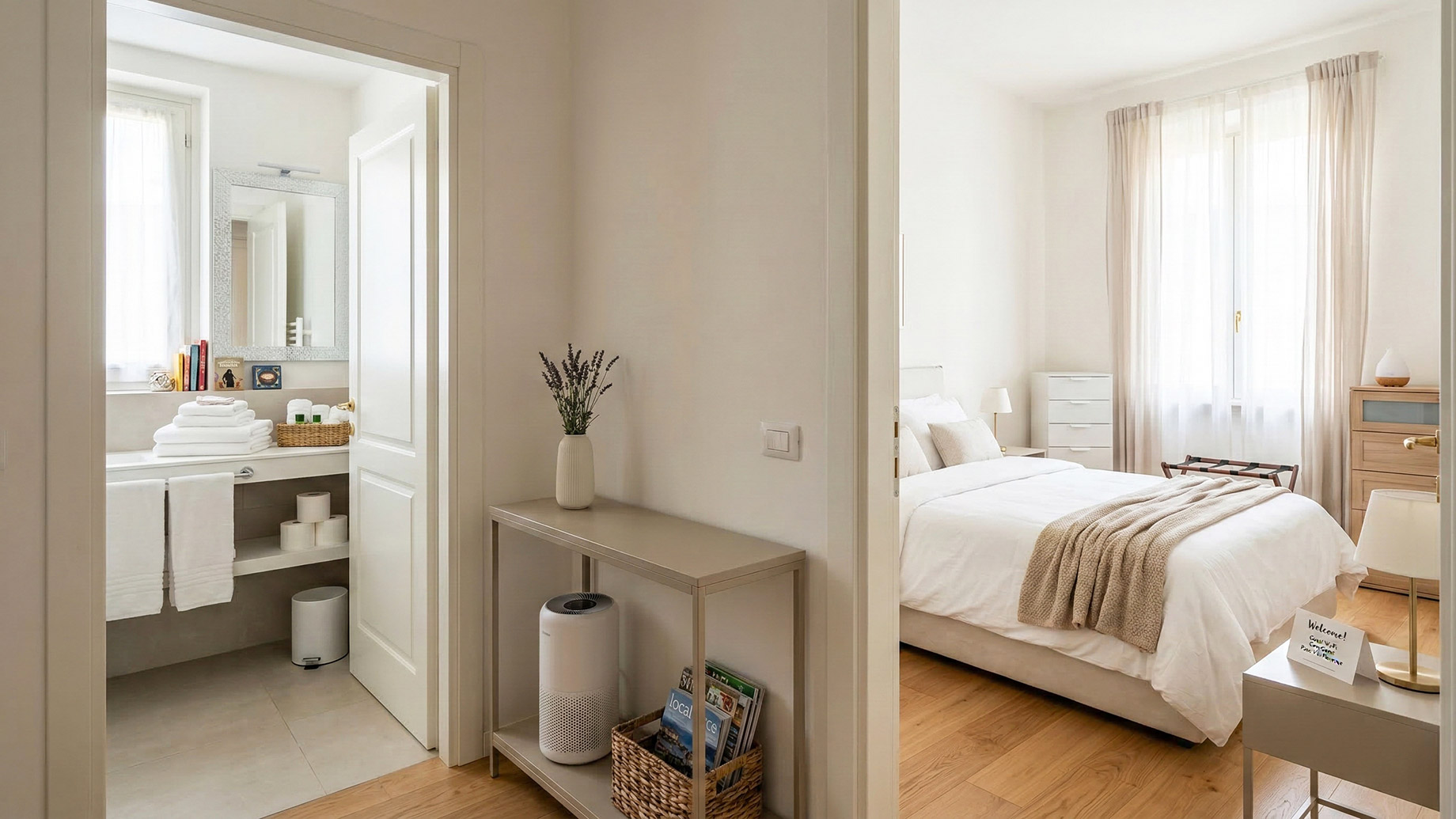 A view into a clean, well-appointed guest area. On the left is a bright bathroom stocked with neatly folded white towels, toiletries, and extra toilet paper. In the hallway stands a console table with a vase of flowers, an air purifier, and a basket of magazines. To the right is a welcoming bedroom featuring a freshly made bed with a beige throw, a luggage rack, and a bedside table holding a lamp and a welcome sign.