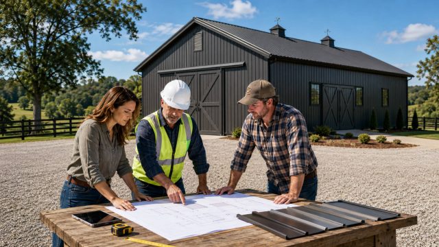 Three professionals reviewing architectural plans and metal panel samples outside a completed dark steel barn with closed doors.