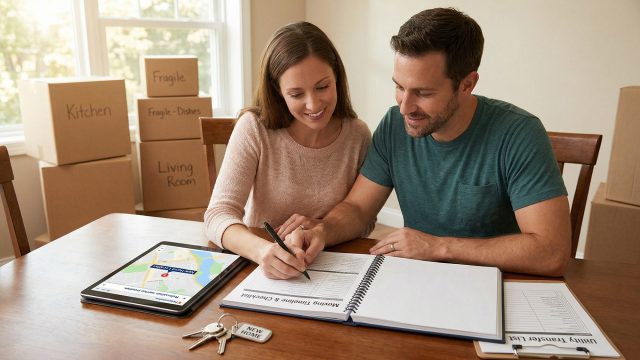 A smiling couple sits at a wooden table surrounded by neatly stacked, labeled moving boxes. They are looking at a moving checklist notebook, with a tablet displaying a map, a utility transfer list, and new house keys resting on the table in front of them.