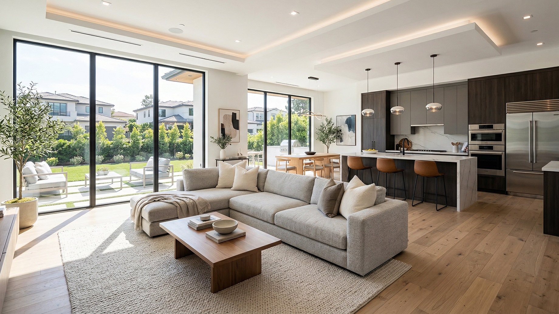 A bright, modern open-concept living room with a large grey sectional sofa, seamlessly connected to a sophisticated dark wood kitchen with a white marble island. Large glass doors open to a sunny, manicured backyard.