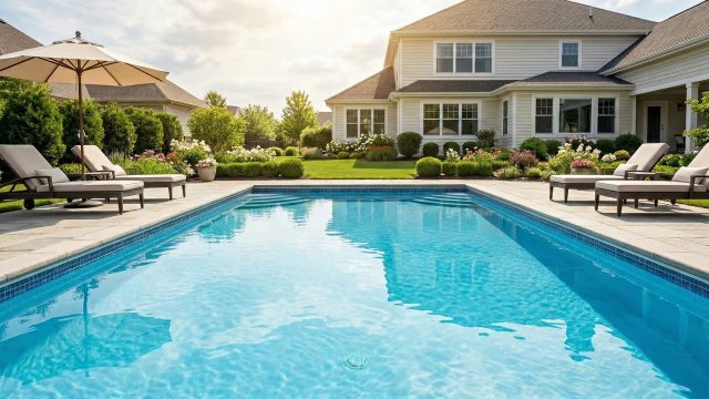 A clear blue backyard swimming pool surrounded by a stone patio, lounge chairs, an umbrella, landscaped gardens, and a large suburban house under a sunny sky.
