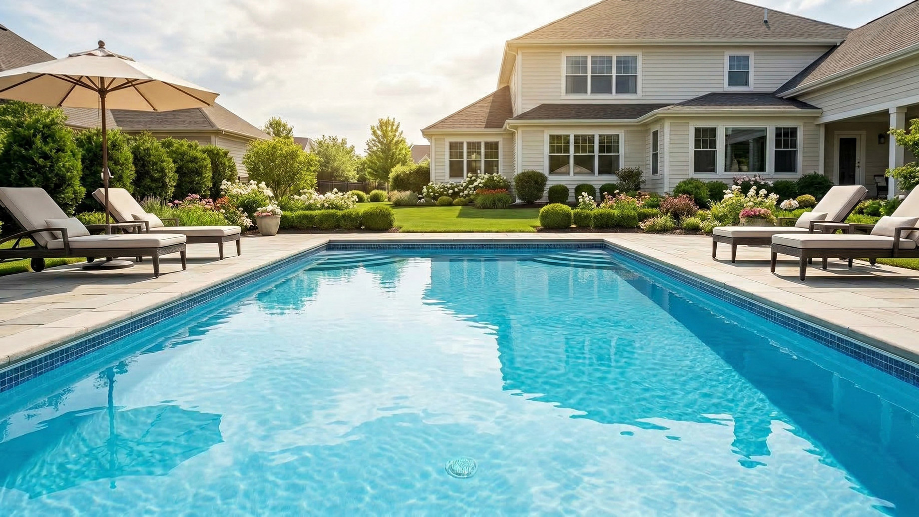 A clear blue backyard swimming pool surrounded by a stone patio, lounge chairs, an umbrella, landscaped gardens, and a large suburban house under a sunny sky.