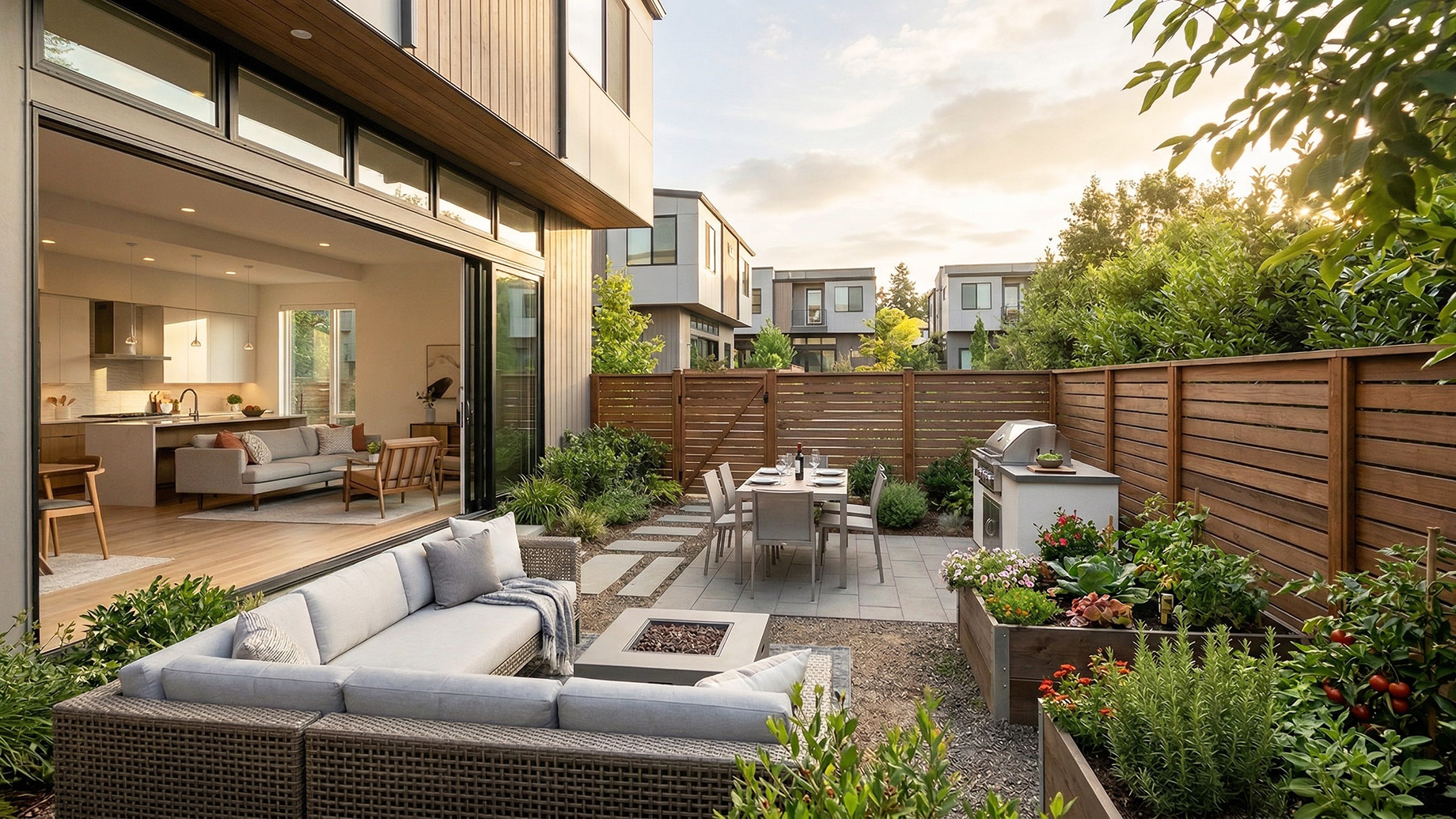 A modern home interior with wide open sliding glass doors seamlessly connecting to a private backyard patio. The patio is equipped with a cozy seating area, fire pit, dining table, built-in grill, and raised garden beds, all enclosed by a wooden fence.