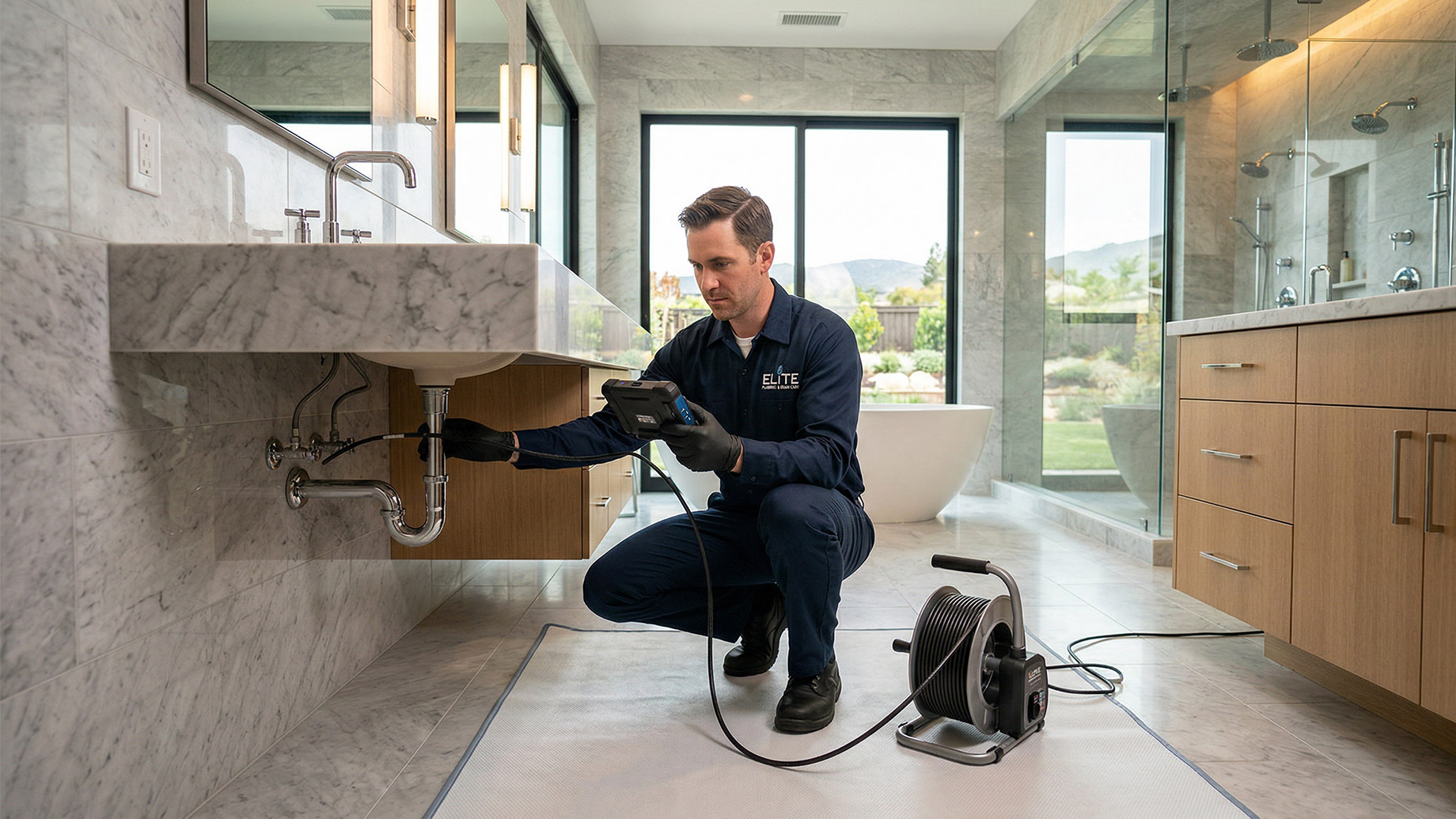 A uniformed technician kneeling on a protective mat, using a digital inspection camera to examine the plumbing beneath a floating marble sink in a spacious, modern bathroom.