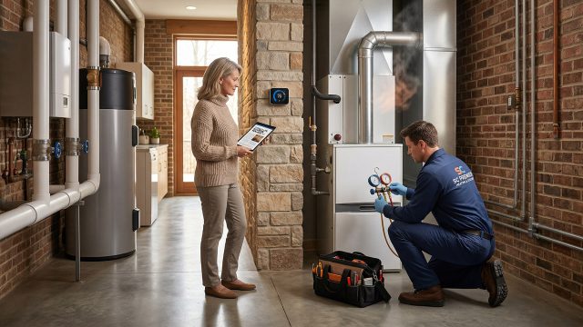 An HVAC technician in a blue uniform kneels to inspect a white furnace using diagnostic tools while a homeowner stands nearby holding a tablet in a modern, brick-walled utility room.