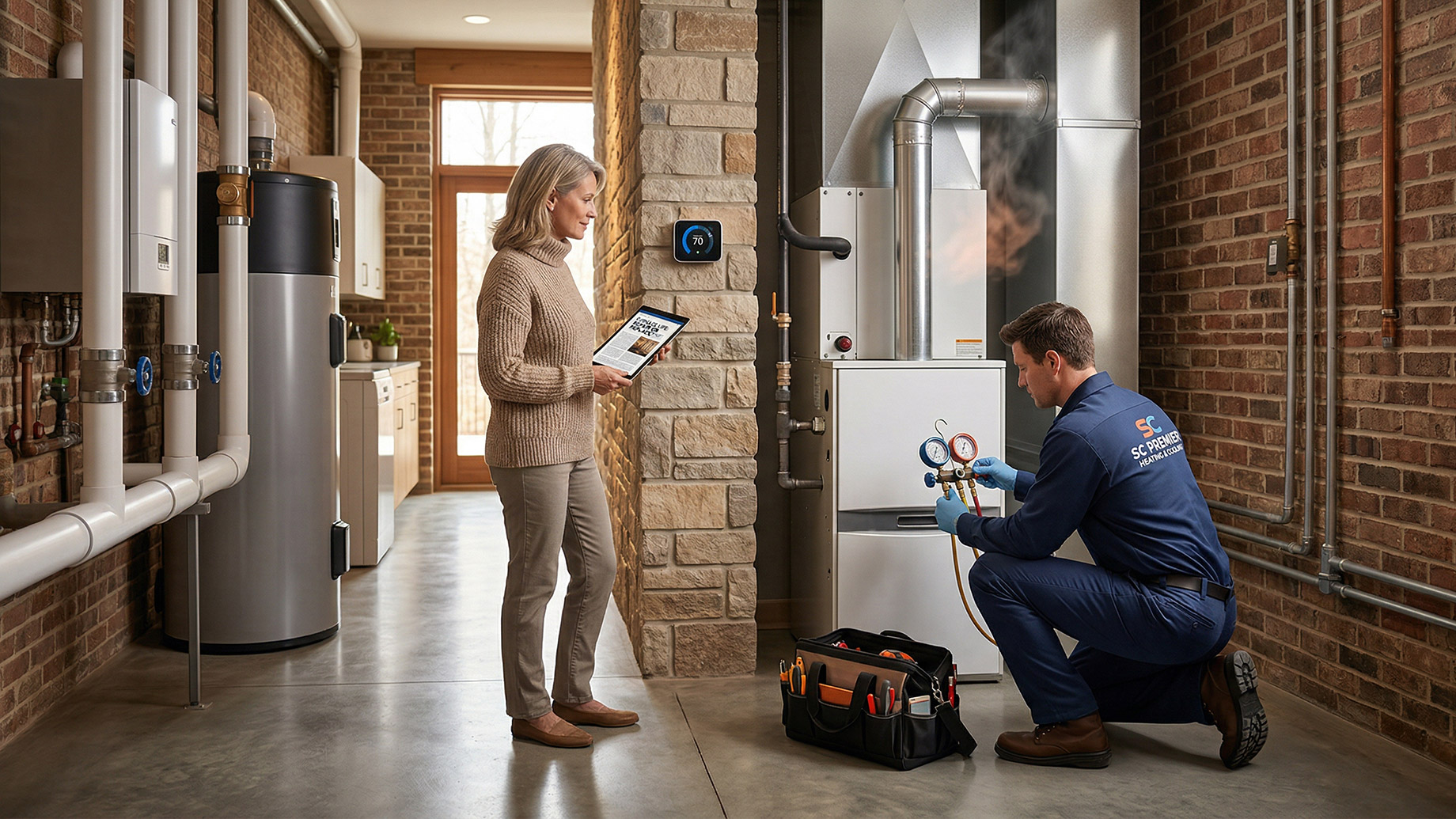An HVAC technician in a blue uniform kneels to inspect a white furnace using diagnostic tools while a homeowner stands nearby holding a tablet in a modern, brick-walled utility room.