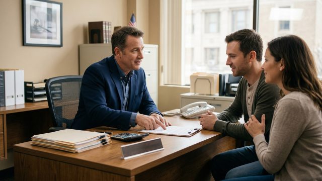 A professional bail bondsman in a suit sits behind an office desk, pointing to a document on a clipboard while explaining the paperwork to a man and woman seated across from him.