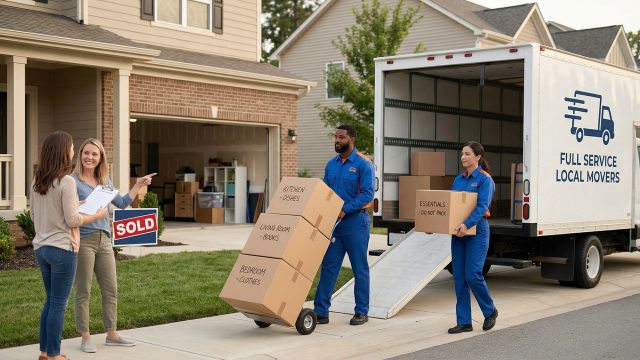 Two women stand on a lawn near a "Sold" sign, reviewing paperwork and looking toward a large moving truck. Nearby, two uniformed movers actively load labeled boxes into the truck via a ramp. One mover uses a hand truck, and the other carries a single box.