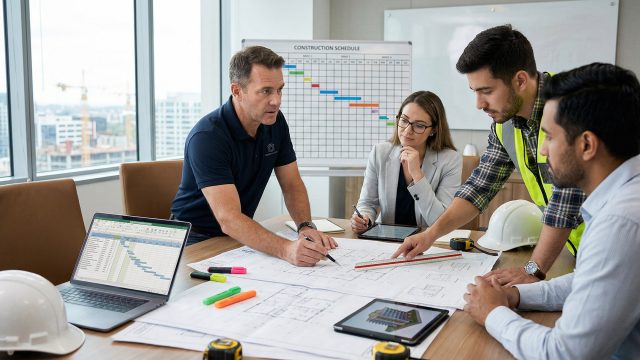 Four professionals, including an architect and a contractor in a safety vest, gather around a large table covered in construction blueprints, tablets, and a laptop displaying a project schedule. A city skyline with construction cranes is visible through large windows in the background.