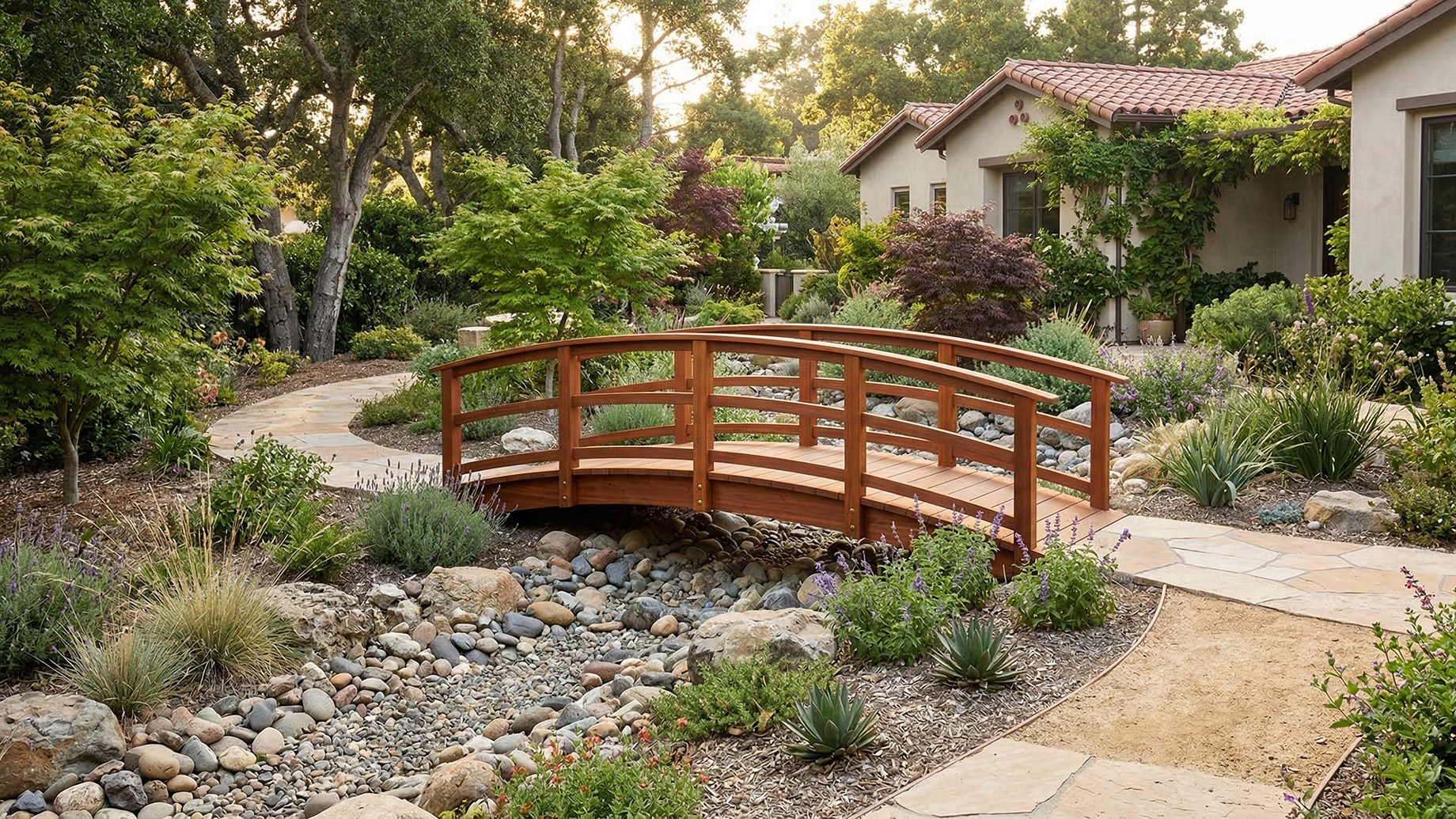 An arched redwood garden bridge spans a winding dry creek bed filled with smooth river stones. The bridge connects natural stone and gravel pathways in a drought-tolerant California garden featuring ornamental grasses, succulents, and a Mediterranean-style home in the background.