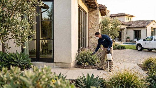A man wearing a mask, gloves, and a backpack sprayer kneels and applies pesticide to the foundation of a modern house made of stone and stucco. Lush landscaping with lavender plants and a white service truck are visible in the background under daylight.