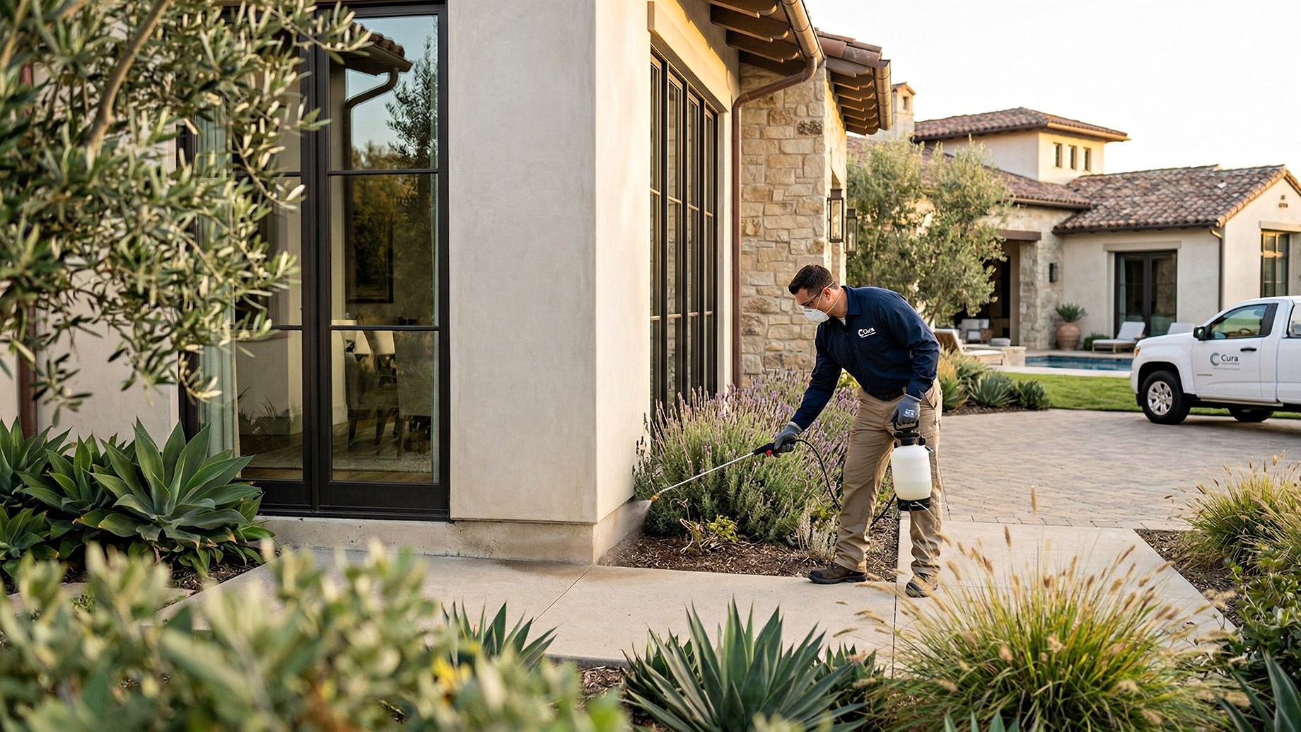 A man wearing a mask, gloves, and a backpack sprayer kneels and applies pesticide to the foundation of a modern house made of stone and stucco. Lush landscaping with lavender plants and a white service truck are visible in the background under daylight.
