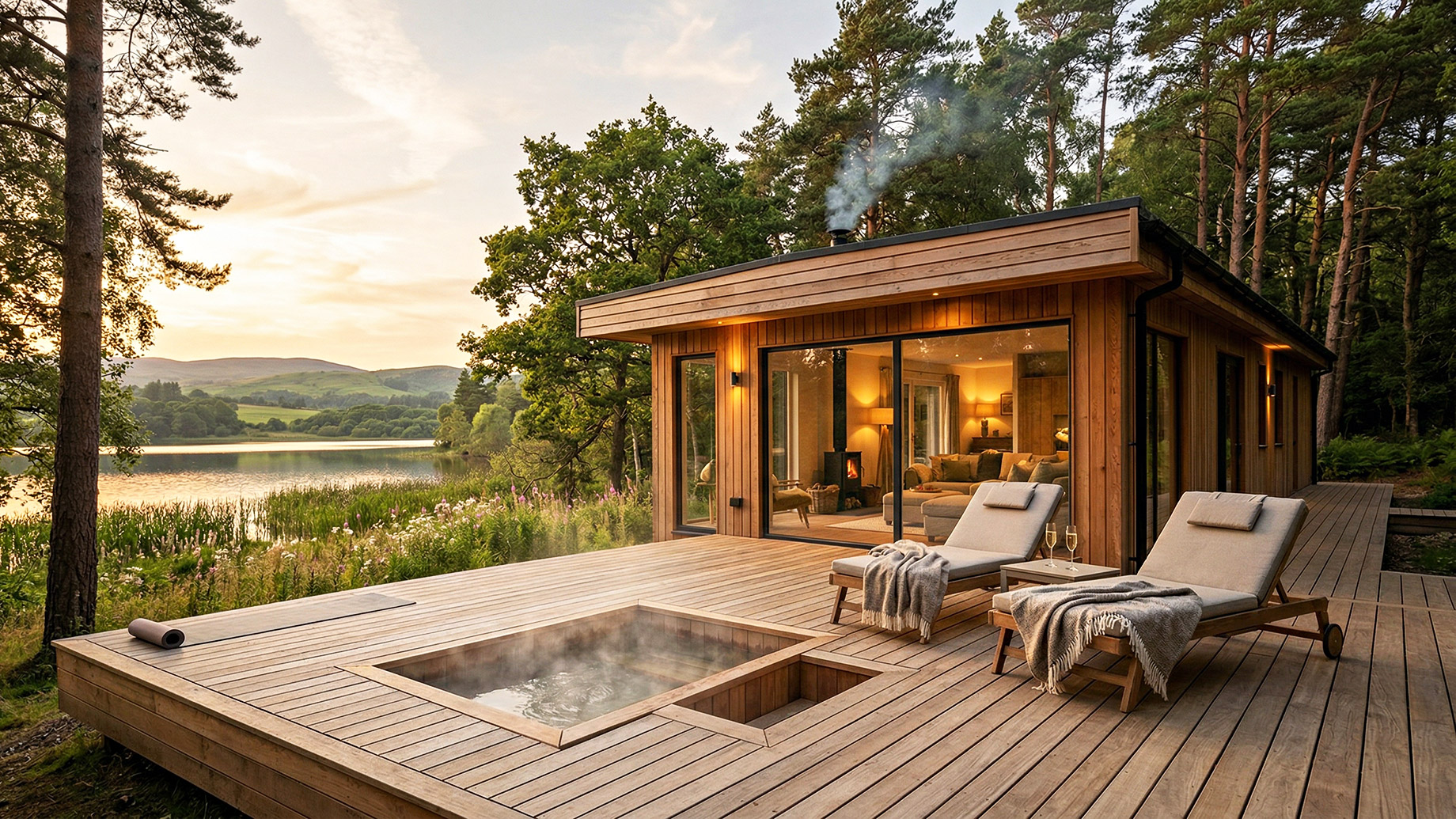 A modern, glass-walled timber holiday lodge at sunset, situated beside a calm lake surrounded by trees. A large wooden deck features an integrated steaming square hot tub, two loungers with blankets and champagne glasses, and a rolled yoga mat. Lights glow warmly inside the cabin, and smoke rises from the chimney.