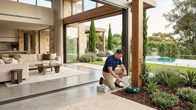 A pest control professional in a blue polo shirt and khaki pants kneels to inspect a green, targeted outdoor monitoring station at the threshold of a modern luxury home. The open-concept indoor living area transitions smoothly into a beautifully landscaped garden with a private swimming pool in the background.