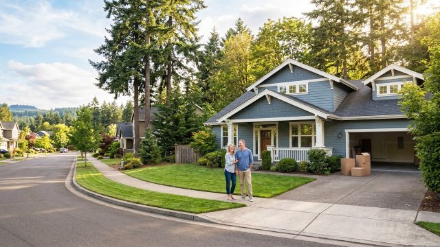 A happy couple stands in front of a blue suburban house with moving boxes in the driveway and an empty wooden real estate signpost on the front lawn.