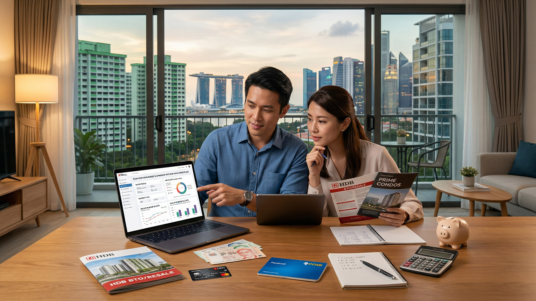 A young Asian couple sits at a wooden table in a high-rise apartment at dusk, collaborating in front of a laptop. The man points at the screen while the woman holds a property brochure. Spread across the table are a tablet, cash, a bank card, a piggy bank, notebooks, and a calculator. Through large sliding glass doors in the background, the city skyline is visible under a warm evening sky.